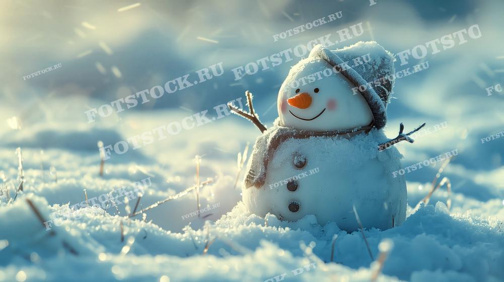 Фотография улыбающегося снеговика, стоящего в заснеженном поле. Утренний свет освещает снеговика, а вокруг падают снежные хлопья.